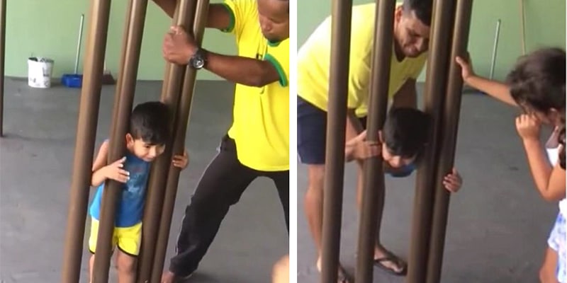 Pai não percebe solução óbvia e passa horas para soltar filho de barras de ferro