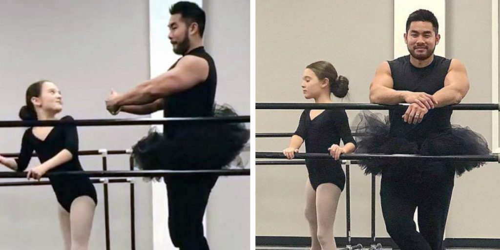 Padrasto preparou uma surpresa para enteada se vestindo de tutu e colã para um aula de balé.