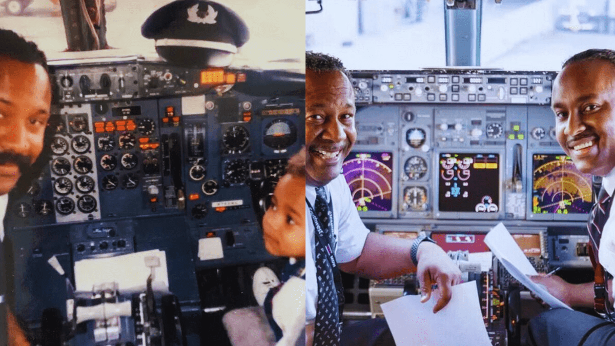 Pai homenageia carreira recriando foto com filho que se tornou piloto da mesma companhia.